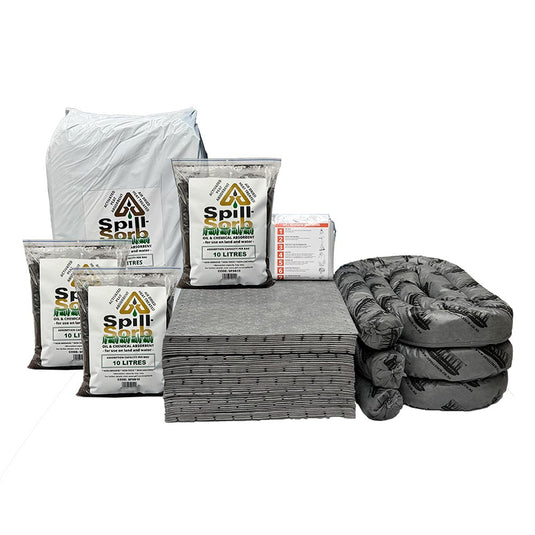 General Purpose Spill Refill Kit 240 Litre with stacked medical supplies, includes Universal Pads, Socks, Absorbent Fibres, and PPE Kit, providing comprehensive spill management for workplace safety.