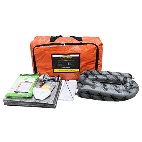 SpillTech General Purpose Spill Kit 50 Litre, featuring a green bag containing universal pads, socks, masks, safety glasses, coverall, gloves, waste disposal bag, and instruction card, ideal for handling liquid spills.
