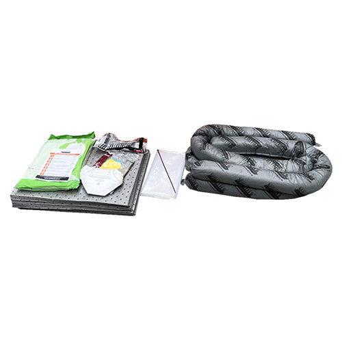 SpillTech General Purpose Spill Refill Kit 50 Litre, featuring visible components like absorbent pads, socks, and a prepacked PPE kit, designed for restocking a 50-litre spill kit.