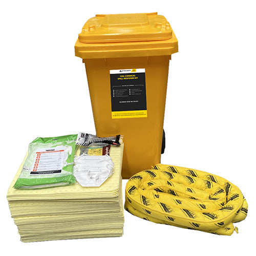 SpillTech Chemical Spill Kit 120 Litre in a yellow wheelie bin, featuring medical supplies like masks, safety glasses, and chemical pads, designed for absorbing chemical spills efficiently.