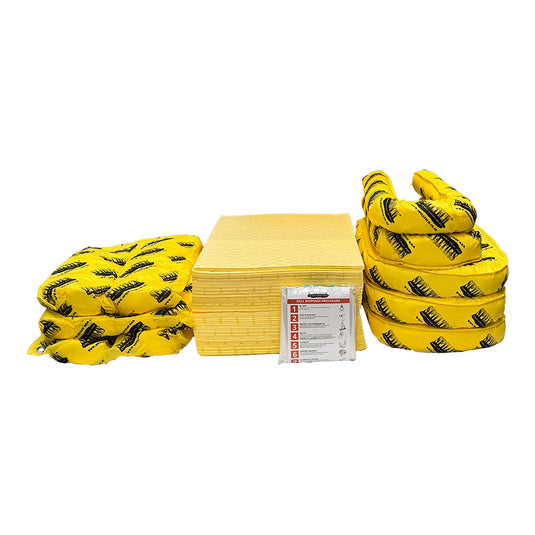 Chemical Spill Refill Kit 120 Litre, featuring a stack of medical supplies including SpillTech® Chemical Pads, Socks, and Waste Disposal Bags, visible alongside protective gear like masks, gloves, and safety glasses.