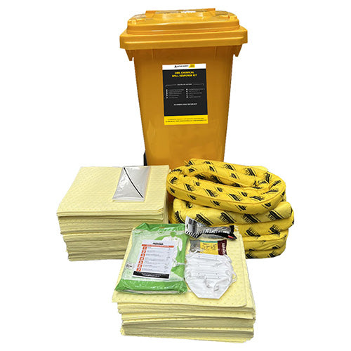 SpillTech Chemical Spill Kit 240 Litre featuring a yellow bin with chemical pads, socks, gloves, masks, and safety gear for efficient spill management. Ideal for workplace safety solutions.