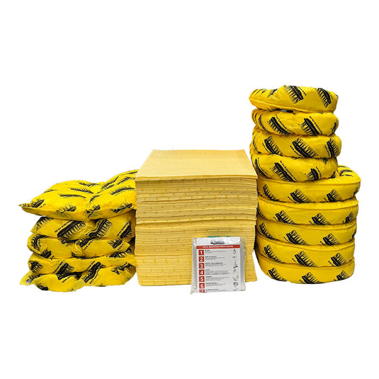 Chemical Spill Refill Kit 240 Litre featuring a stack of yellow SpillTech® Chemical Pads, white face masks, and a green and white labeled package, suitable for safety and spill management needs.