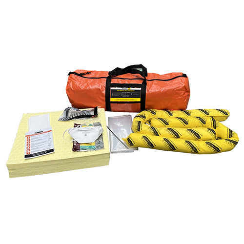 SpillTech Chemical Spill Kit 30 Litre, featuring a portable bag with black strap, yellow tubes, chemical pads, gloves, and disposal bags, designed for spill absorption and safety compliance on camping trips.