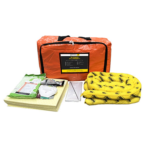 SpillTech Chemical Spill Kit 50 Litre with absorbent pads, socks, masks, gloves, coverall, safety glasses, disposal bag, and instruction card, designed for chemical spill management. Ideal for safety-conscious environments.