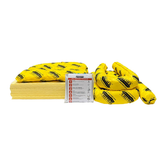 Chemical Spill Refill Kit 50 Litre featuring yellow inflatable mattress-like packaging with visible green bag and black stick. Includes pads, socks, masks, gloves, coverall, disposal bag, and instruction card.