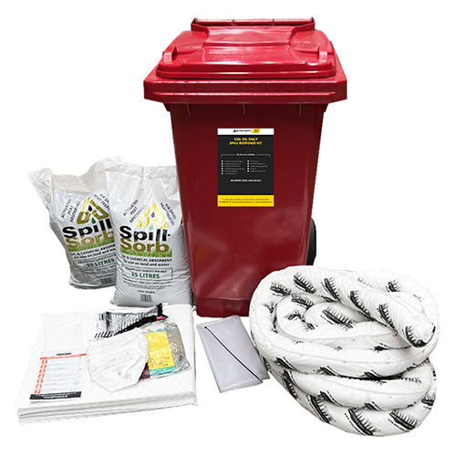 SpillTech Oil Spill Kit 120 Litre featuring a red wheelie bin with a black label, designed to store and transport spill materials like pads, socks, and gloves for hydrocarbon spill management.