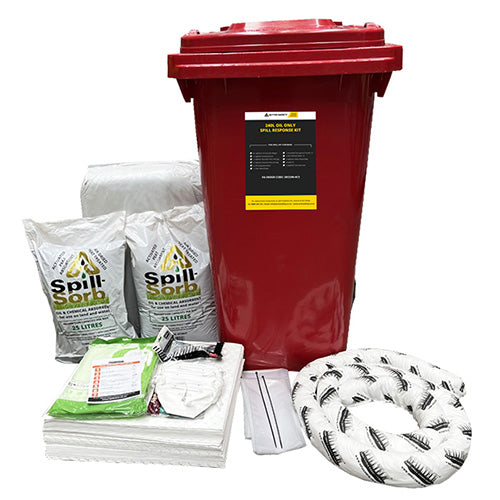 SpillTech Oil Spill Kit 240 Litre with wheelie bin shown storing various items including pads, socks, and bags for hydrocarbon spills, ideal for safety and workplace use.