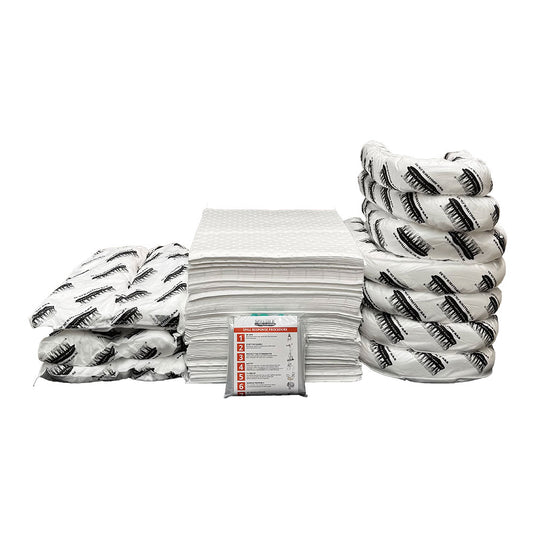 Oil Spill Refill Kit 240 Litre includes visible bags and tubes, likely containing SpillTech pads, socks, SpillFix bags, and protective gear, essential for workplace safety and spill management.