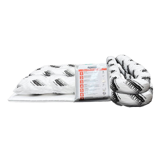Oil Spill Refill Kit 25 Litre featuring SpillTech® pads, socks, and waste disposal bag, alongside safety gear like gloves, mask, apron, glasses, and instruction card, all essential for effective oil spill management.