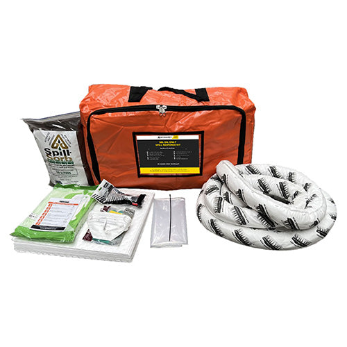 SpillTech Oil Spill Kit 50 Litre, featuring a compact, portable first-aid style bag with visible contents like pads, socks, and protective gear, ideal for quick hydrocarbon spill response.