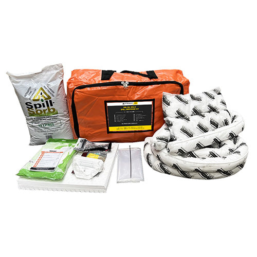 SpillTech Oil Spill Kit 80 Litre featuring medical supplies and protective gear, including oil absorbent pads, socks, a pillow, safety glasses, chemical gloves, and a carry bag, ideal for managing hydrocarbon spills.