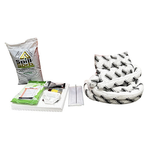 Oil Spill Refill Kit 80 Litre featuring a SpillTech Oil Only Pillow, pads, socks, and a SpillFix bag, all essential for effective oil spill response and safety management in workplace environments.