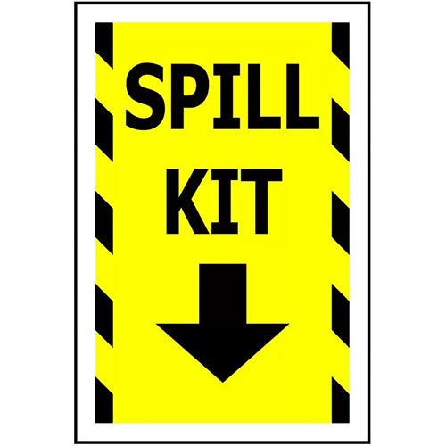 Spill Kit Yellow Sign 240 x 340 ACM featuring a black arrow, designed for durability with UV-stable inks and Aluminium Composite Material, suitable for both indoor and outdoor safety applications.