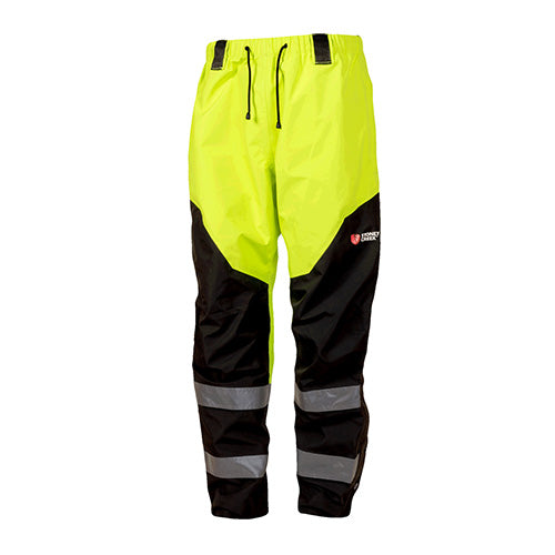 Load image into Gallery viewer, Stoney Creek UltraLITE Overtrouser in yellow and black, designed for worksite use. Features include a 3-layer polyester construction that's waterproof, windproof, seam-sealed, and breathable, ideal for safety and comfort.