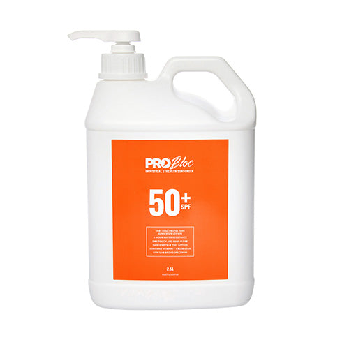Pro Bloc Sunscreen SPF 50+ 2.5 Litre bottle with an orange label, featuring a handle for easy use, ideal for safety-conscious workplaces requiring prolonged sun exposure protection.