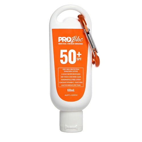 Pro Bloc Sunscreen SPF 50+ 60ml bottle with an attached carabiner, ideal for outdoor safety and protection, effectively filtering 98% of UVB rays, suitable for workplace and active environments.