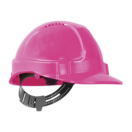 Esko Tuff-Nut Pinlock Helmet: Pink, featuring a short peak design and a black adjustable strap, ideal for workplace safety. Made from UV-resistant ABS with a 6-point suspension harness.