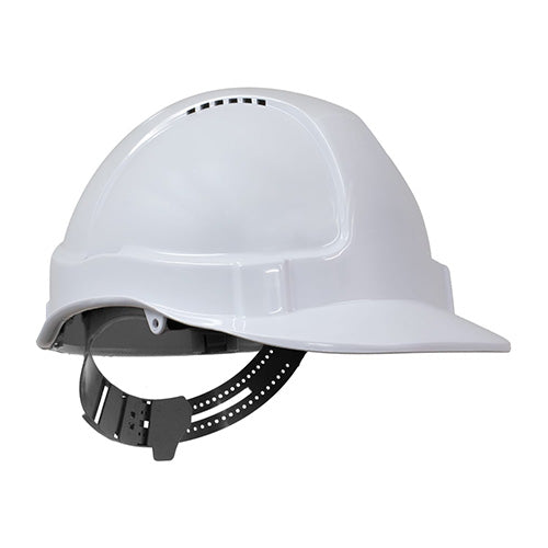 Esko Tuff-Nut Pinlock Helmet: White, featuring a short peak design, robust UV-resistant shell, and black strap. Ideal for safety, with adjustable harness and accessory slots, perfect for workplace protection.