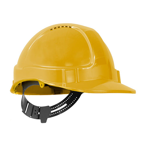 Esko Tuff-Nut Pinlock Helmet: Yellow, featuring a black strap and short peak design, ideal for impact resistance with a 6-point suspension harness and universal accessory slots, perfectly suited for safety needs.