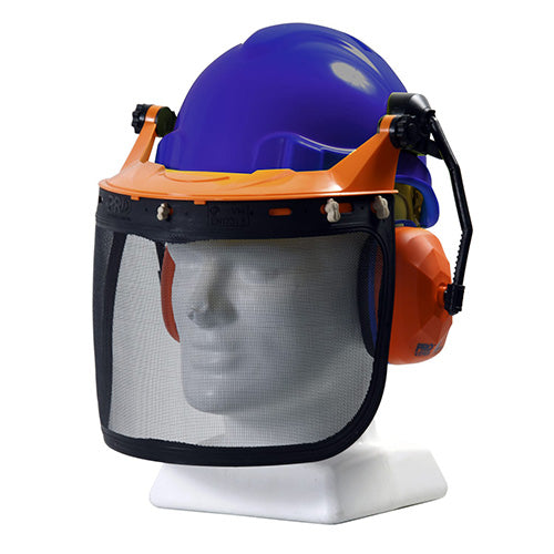 Esko Tuff-Nut Ratchet Helmet Forestry Combo with mesh visor and earmuffs, designed for high-impact protection and noise reduction, ideal for safety in forestry environments.