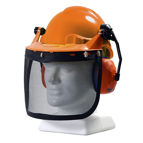 Esko Tuff-Nut Ratchet Helmet Forestry Combo featuring a hard hat with a mesh visor, earmuffs, and adjustable harness, designed for forestry safety and noise protection.