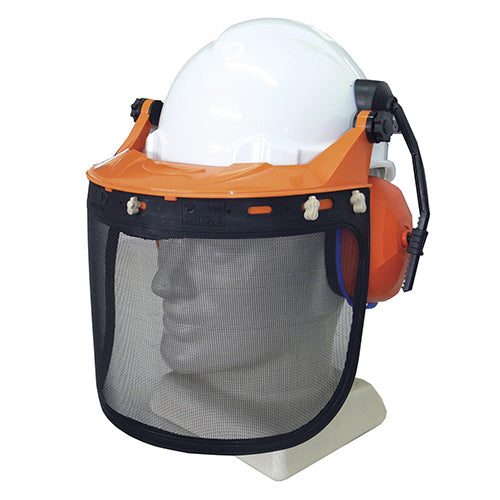 Esko Tuff-Nut Ratchet Helmet Forestry Combo featuring a sturdy white hard hat with integrated stainless mesh visor and earmuffs, designed for optimal head protection and comfort in forestry environments.