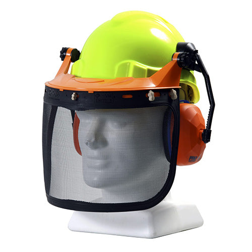 Esko Tuff-Nut Ratchet Helmet Forestry Combo featuring a yellow hard hat with a mesh face shield and earmuffs, designed for optimal impact resistance and noise protection, ideal for safety gear needs.