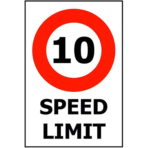 10 Speed Limit Sign: 240 x 340 ACM, featuring a red circle with black text and numbers, ideal for indoor and outdoor use, made from durable UV-stabilized Aluminum Composite Material.