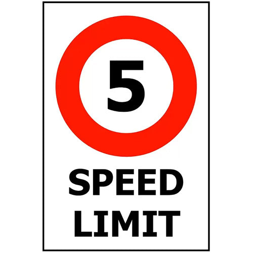 5 Speed Limit Sign: 240 x 340 ACM, featuring a prominent black number on a red circle, ideal for safe indoor and outdoor use, crafted with durable UV-stabilized aluminum composite material.
