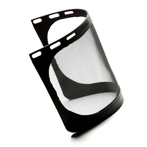 Esko Tuff-Shield Mesh Visor Face Shield, featuring a durable black mesh design, offers certified protection against high-speed particles, ideal for chainsaw operations and property maintenance with its one-piece wraparound structure.