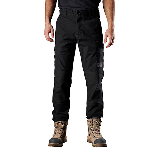 FXD WP3 Stretch Work Pant showcased on a man, emphasizing its regular fit with slimmer legs. Features include durable abrasion panels on pockets, designed for optimal movement and comfort, ideal for safety-focused workwear.