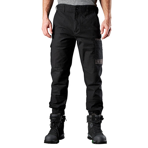 FXD WP-4 Stretch Cuffed Work Pants, featuring a slim fit with elastic cuffed ankles, perfect for workplace mobility. Enhanced with DURA500™ abrasion panels on pockets, ideal for active safety settings.