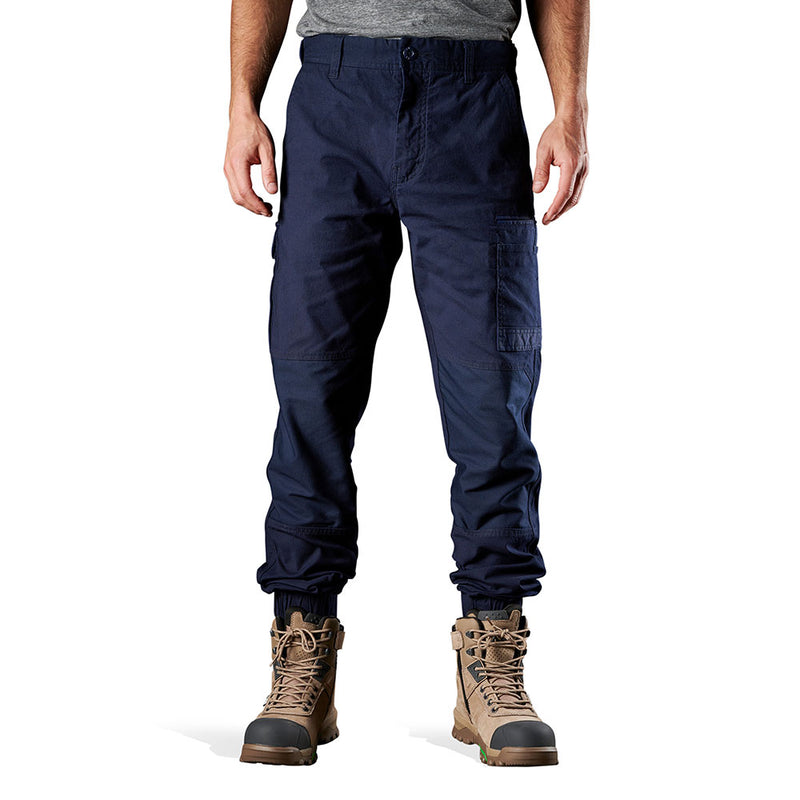 Load image into Gallery viewer, FXD WP-4 Stretch Cuffed Work Pants showcased, featuring a regular fit, slimmer leg, and elastic cuffed ankles, ideal for comfort and movement, perfect for workplace safety apparel.