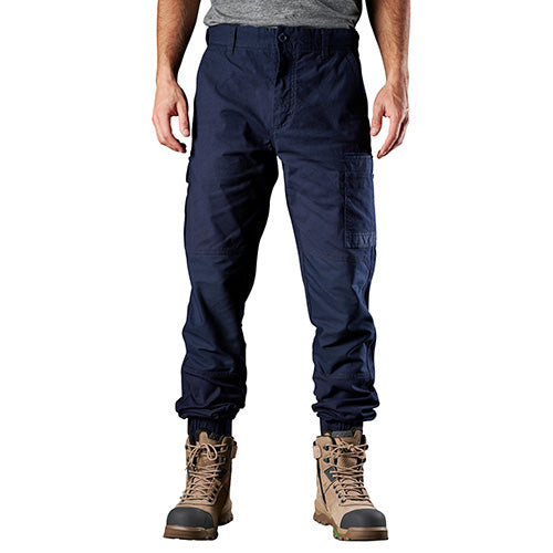FXD WP-4 Stretch Cuffed Work Pants showcased, featuring a regular fit, slimmer leg, and elastic cuffed ankles, ideal for comfort and movement, perfect for workplace safety apparel.