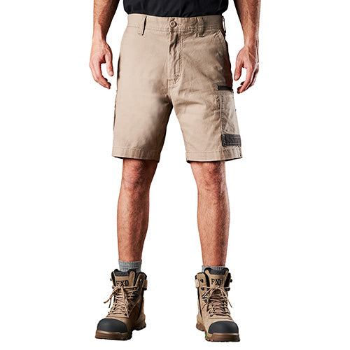 Load image into Gallery viewer, FXD WS-3 Stretch Work Short shown with Dura500™ nylon canvas pockets, worn by a man with boots, highlighting its regular fit and slimmer leg design, ideal for comfort and movement.
