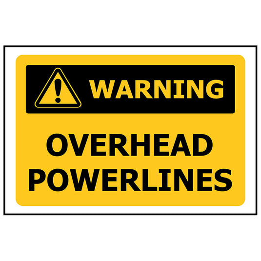 Warning Overhead Powerlines Sign 340 x 240 ACM featuring bold black text on a yellow background, ideal for indoor and outdoor use, crafted from durable, UV-stabilized aluminum composite material for enhanced longevity.