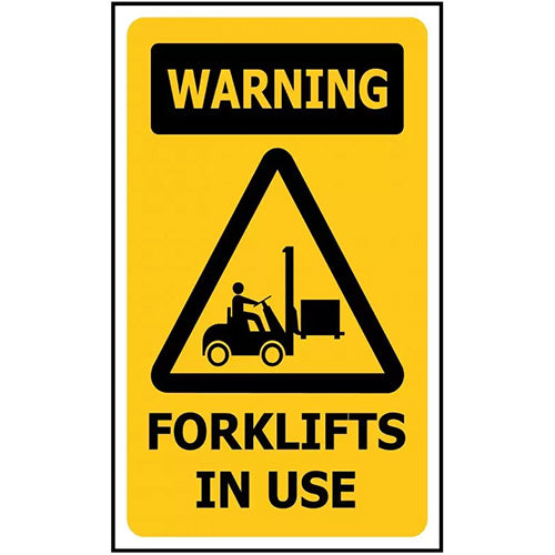 Warning Forklifts In Use Sign: 240 x 340 ACM, featuring a yellow sign with a forklift graphic, ideal for indoor and outdoor safety, made from durable, UV-stabilized aluminium composite material.