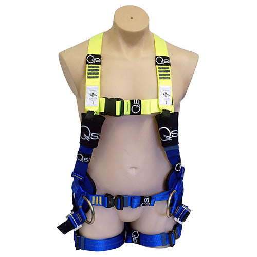 Load image into Gallery viewer, Mannequin showcasing the Premium Y-Tech Tower Harness, designed for high voltage electrical tasks, featuring unrestricted shoulder movement and bright, reflective stitching for visibility, ideal for height safety in work environments.