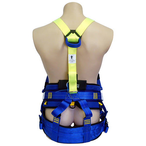 Load image into Gallery viewer, Premium Y-Tech Tower Harness displayed on a mannequin, showcasing its design for unrestricted upper body movement and high visibility, ideal for high voltage electrical work, crafted in New Zealand for Active Safety.
