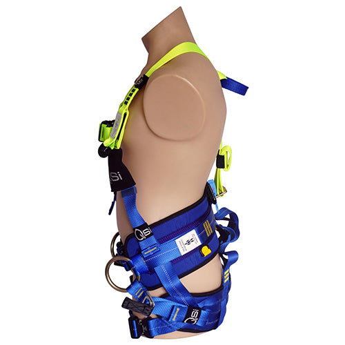Load image into Gallery viewer, Mannequin displaying the Premium Y-Tech Tower Harness, designed for height safety in electrical work, showcasing its unrestricted shoulder design and rear buckle adjustment, crafted for high visibility and user comfort.