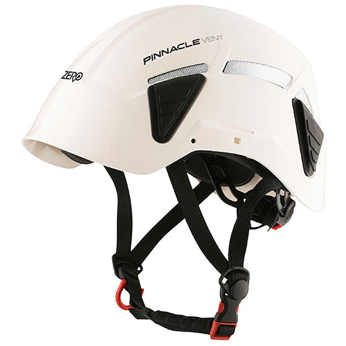 Zero Pinnacle Vent Multi Impact Helmet: White, featuring black straps, designed for industrial and construction safety, with slots for earmuffs. Ideal for height safety and abseiling, ensuring impact protection.