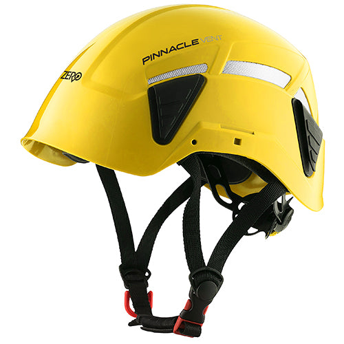 Zero Pinnacle Vent Multi Impact Helmet: Yellow with adjustable straps, designed for industrial and height safety. Features include logo detail and slots for earmuffs, ideal for construction and abseiling.