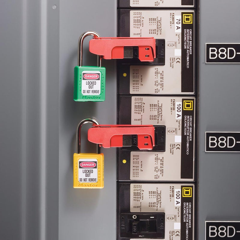 Load image into Gallery viewer, Master Lock Grip Tight Circuit Breaker Lockout secures two electrical breakers with red clamps and labeled padlocks, preventing activation during maintenance. Designed for high-voltage breakers, it's ideal for workplace safety.
