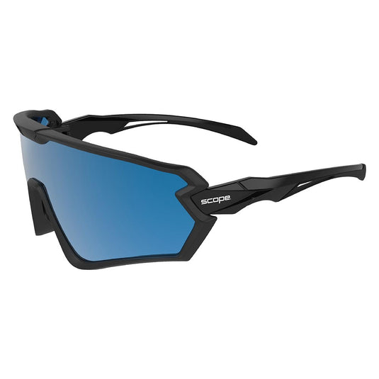 Black wrap-around safety glasses with a blue mirrored lens and the 'scope.' logo on the temple