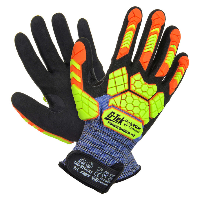 G-Tek Forceshield Polykor X7 Cut E Impact Glove featuring high dexterity with seamless knit liner, hi-vis TPR impact protection on fingers and hand, and nitrile-coated palms for enhanced grip and touchscreen use.