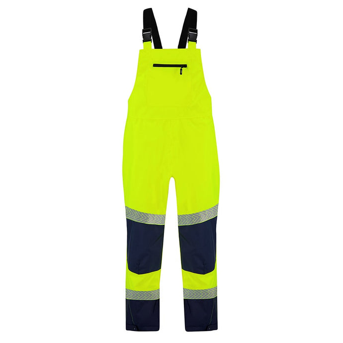 Bison Stamina Hi Vis Eco Bib Taped Trouser, Yellow/Navy, showcasing durable recycled polyester, articulated knees, and waterproof seams, ideal for eco-conscious safety wear in demanding work environments.