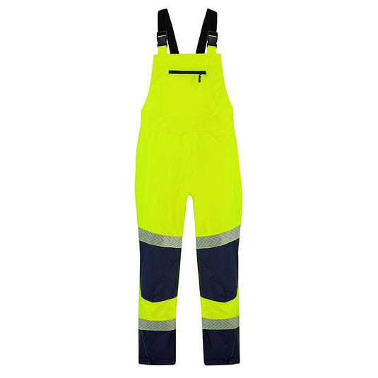 Bison Stamina Hi Vis Eco Bib Taped Trouser, Yellow/Navy, showcasing durable recycled polyester, articulated knees, and waterproof seams, ideal for eco-conscious safety wear in demanding work environments.