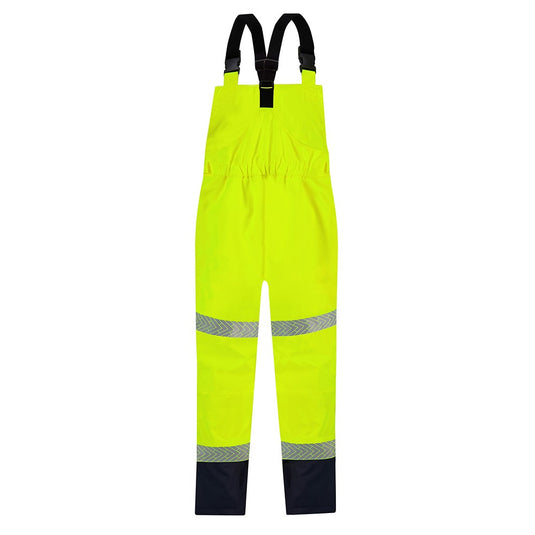 Bison Stamina Hi Vis Eco Bib Taped Trouser features durable recycled ripstop polyester, waterproof seam-sealed design, articulated knees, and Ultra-FlectTM tape, embodying Active Safety's commitment to reliable and eco-friendly workwear solutions.