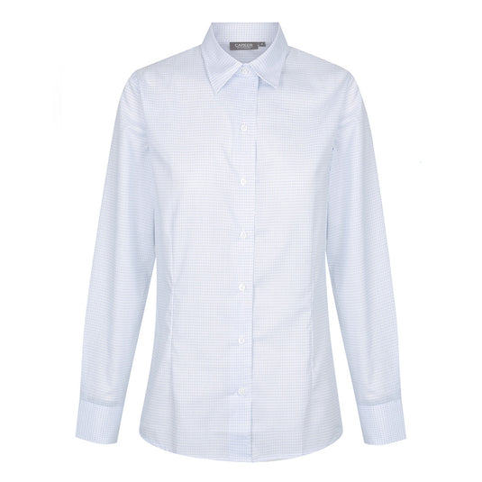 Gloweave Womens Bell Textured Mini Check Long Sleeve Shirt, featuring a contemporary fit with front and back darts, classic collar, and square cuffs. Designed with a double fold front for a polished look.
